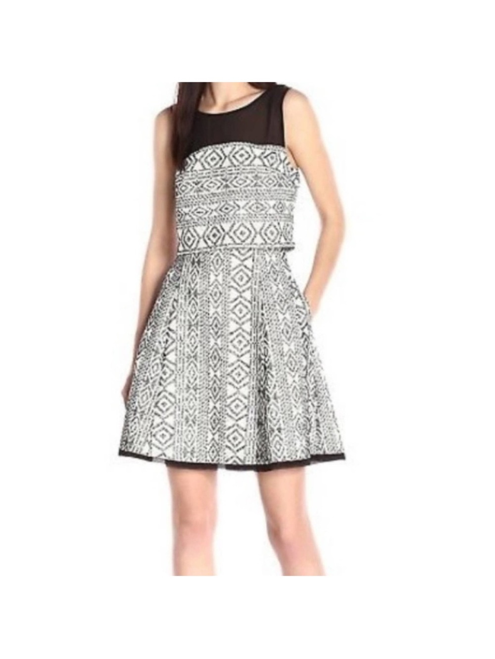 Sleeveless Black and White Patterned Fit-and-Flare Dress